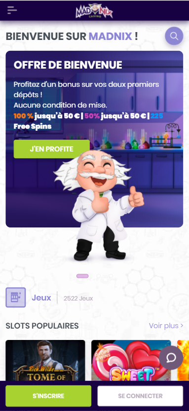 La version mobile de Madnix Lab Casino sur votre téléphone