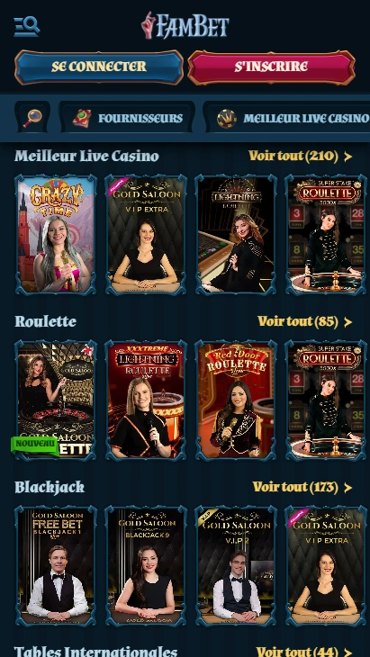 Jouer des Top Jeux en Direct sur Casino Fam Bet 1 et Gagnez !