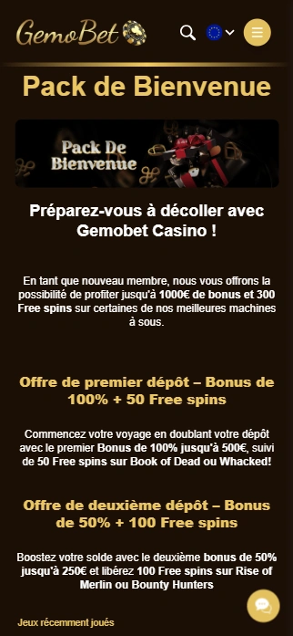 BetGemo Casino avec Bonus sans Dépôt en France