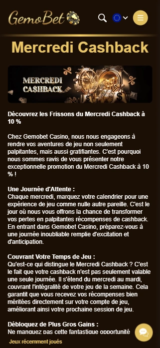 CashBack du Mercredi Bonus au Casino BetGemo