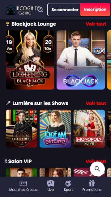 Casino Incognito Francophone avec Croupiers en Direct Jeux